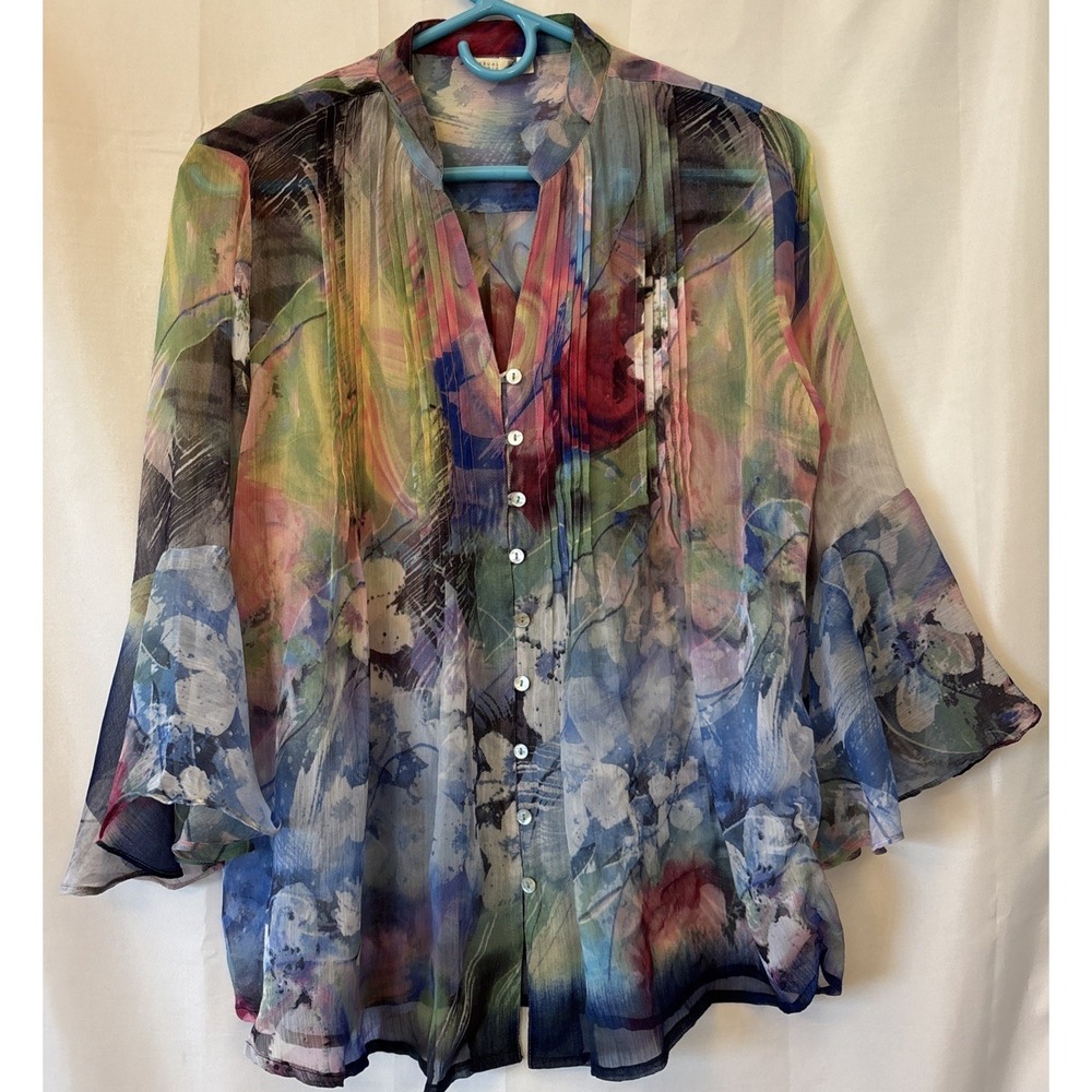 Casual Studios Water Color Semi Sheer Bell Sleeve Button Up Boho Peasant Y2K M